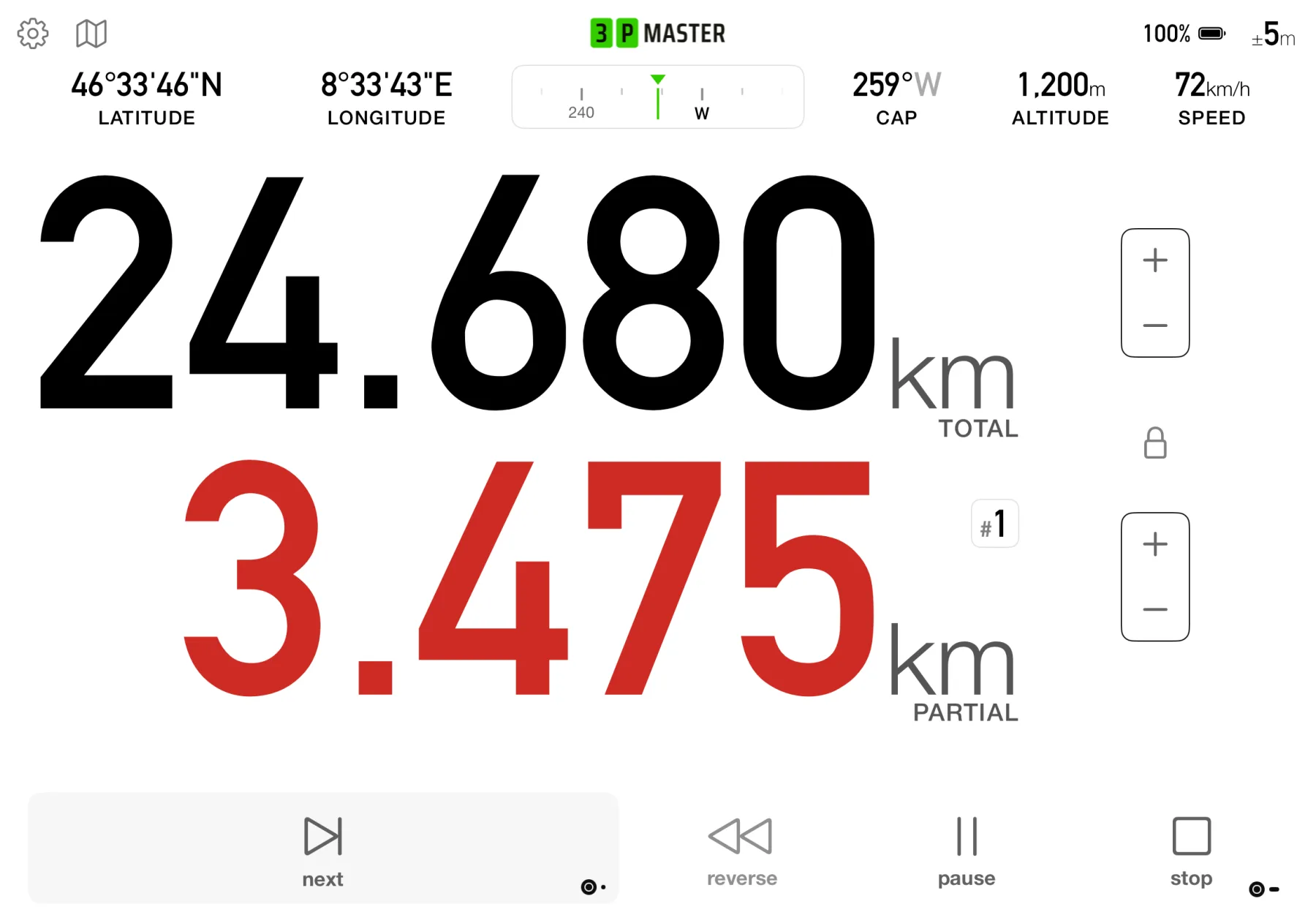 3pMaster Pro driving dashboard on iPad showing total and partial distance, speed, altitude and heading