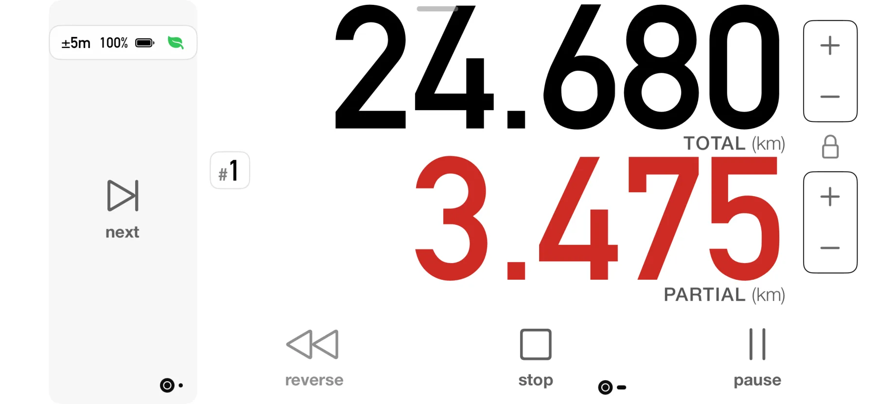 3pMaster driving dashboard on iPhone with big total and partial distance and next, reverse, stop and pause controls