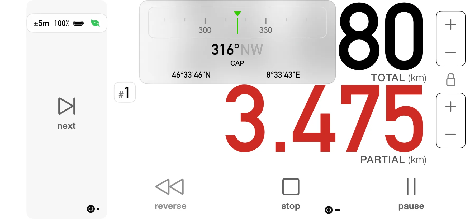 3pMaster dashboard on iPhone showing the heading compass at 316 degrees north-west with live GPS coordinates