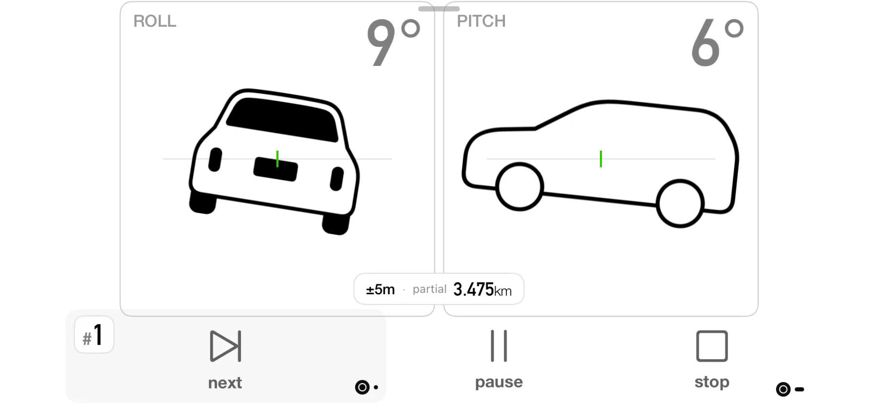 3pMaster inclinometer on iPhone with roll and pitch gauges showing vehicle tilt angles