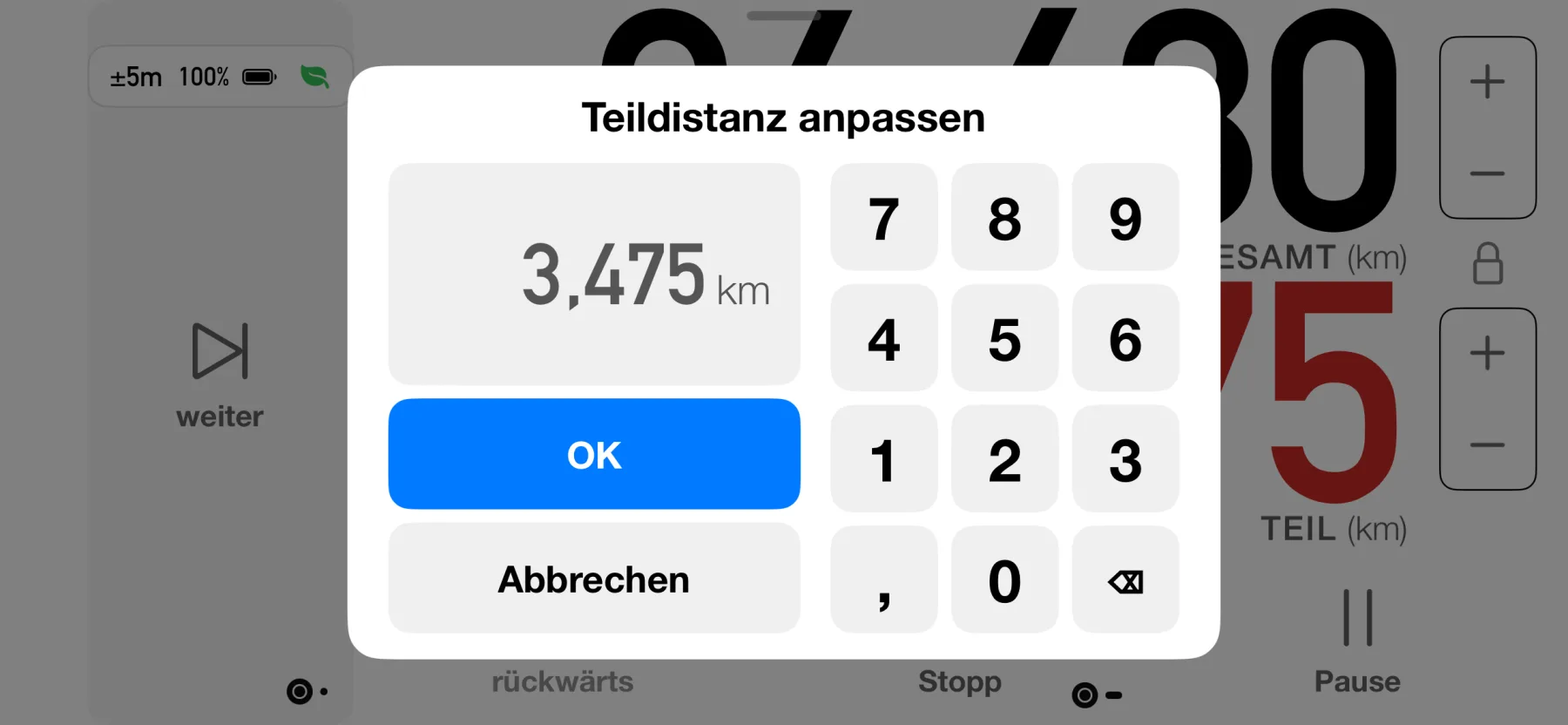 3pMaster auf dem iPhone beim Einstellen der Teilstrecke über ein numerisches Tastenfeld