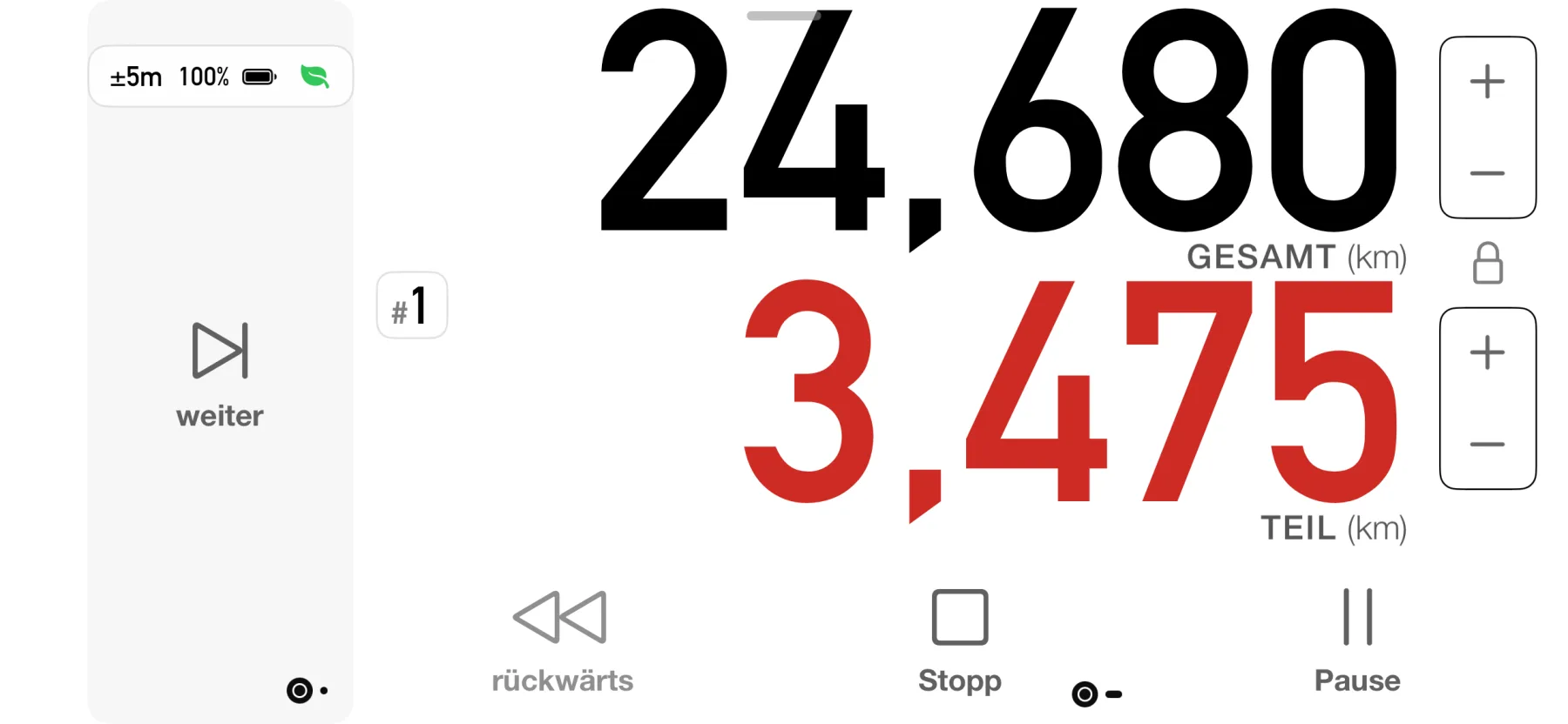 3pMaster Fahr-Dashboard auf dem iPhone mit großer Anzeige für Gesamt- und Teilstrecke sowie Steuerungselementen für Weiter, Zurück, Stopp und Pause