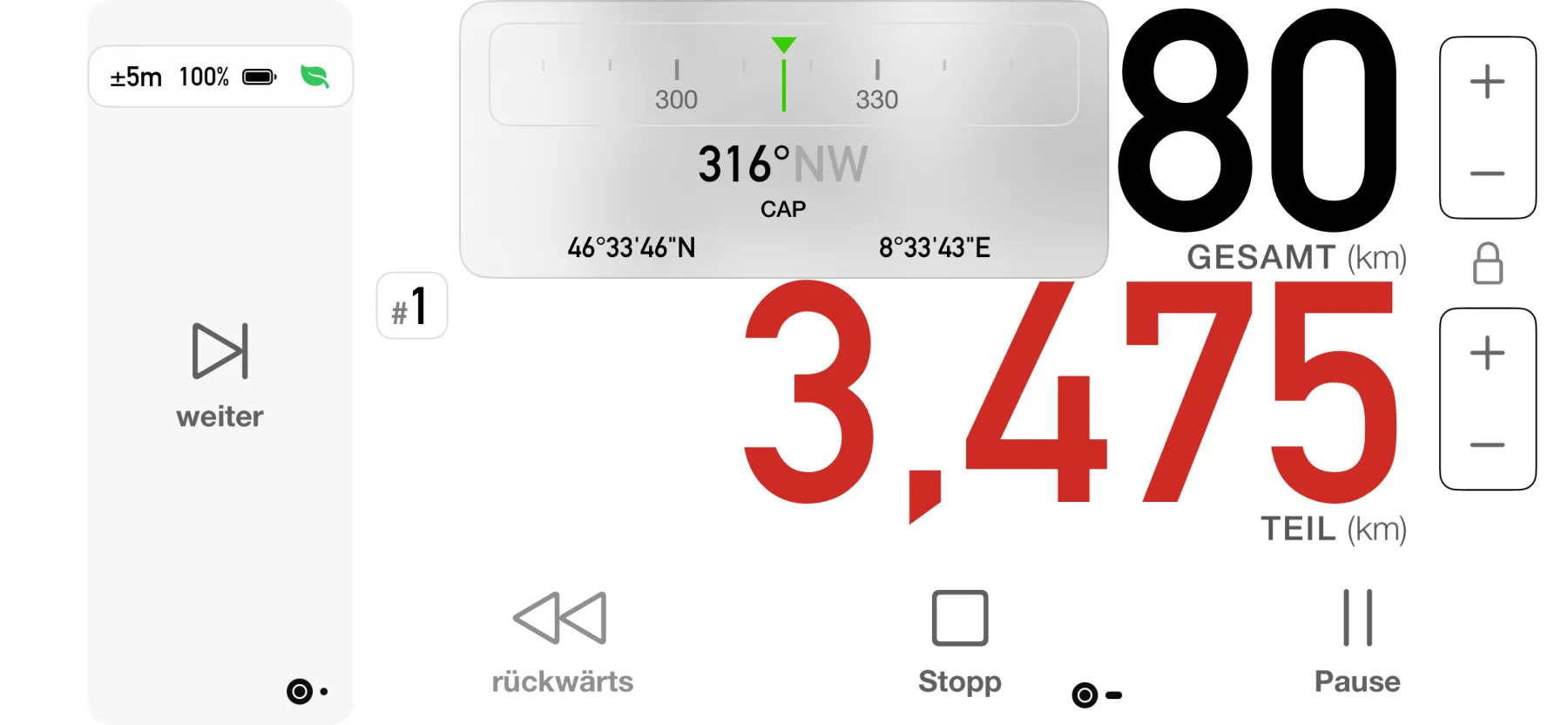 3pMaster Dashboard auf dem iPhone mit Kompasskurs-Anzeige bei 316 Grad Nordwest und Live-GPS-Koordinaten