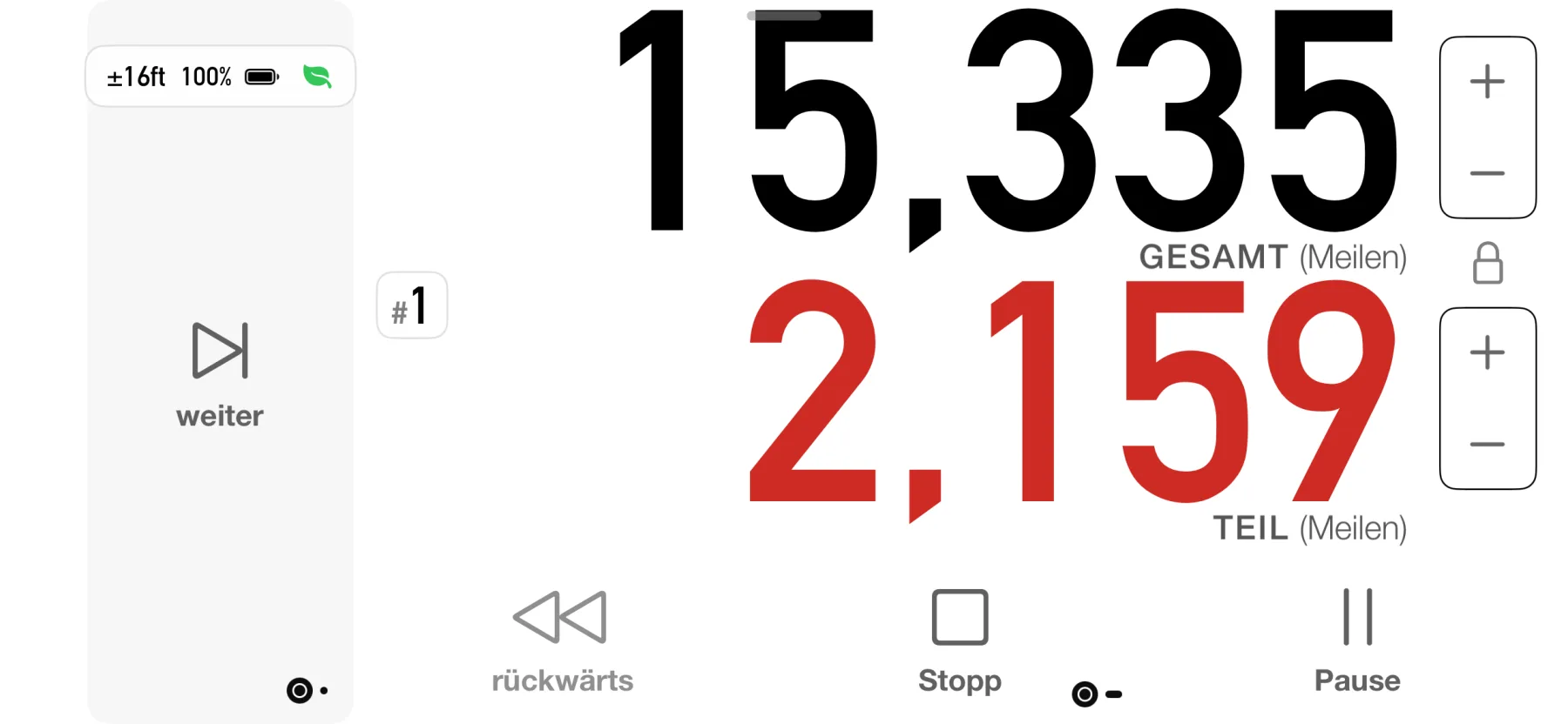 3pMaster Dashboard auf dem iPhone mit Anzeige der Gesamt- und Teilstrecke in Meilen