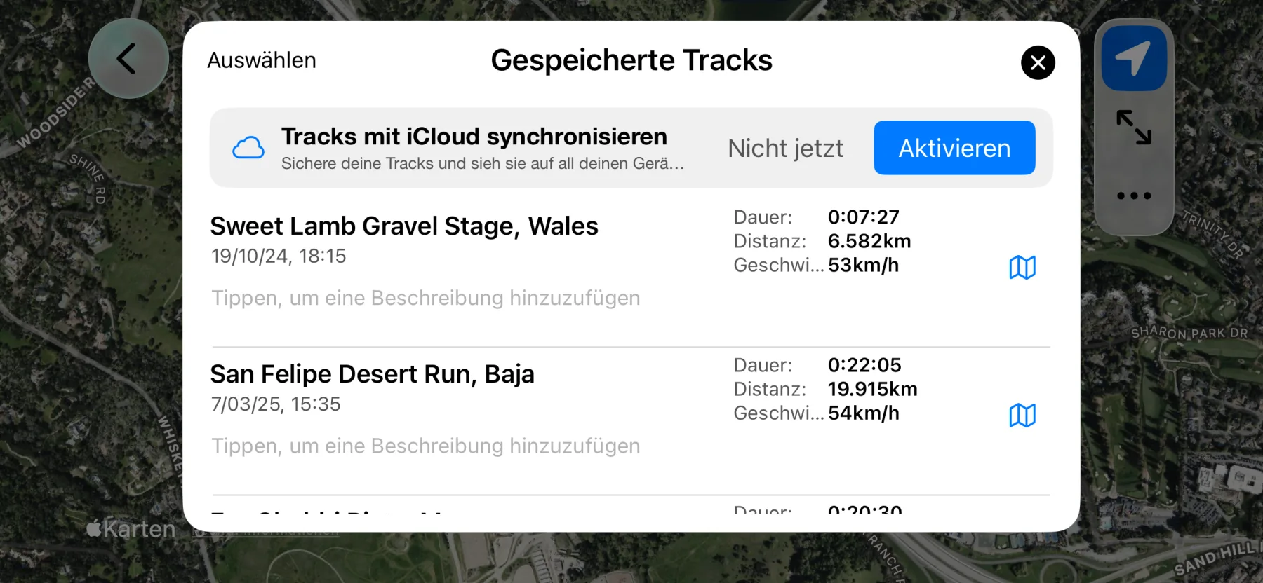 Liste der gespeicherten 3pMaster Tracks auf dem iPhone mit iCloud-Synchronisation und automatischen Tracknamen