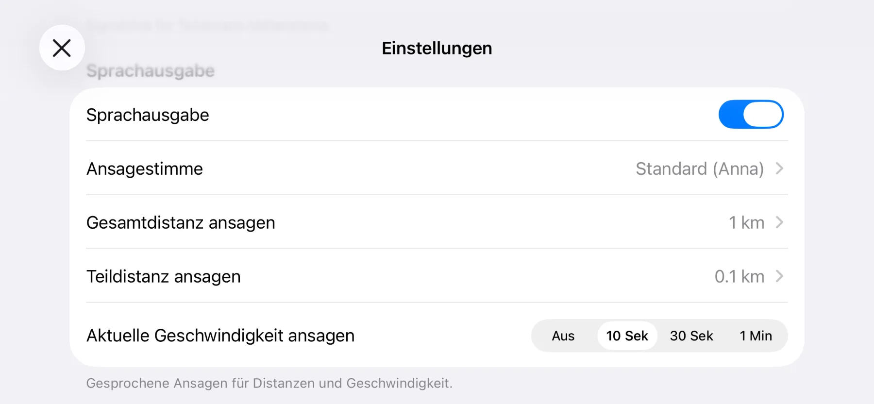3pMaster Sprachansage-Einstellungen auf dem iPhone: Ansagestimme, Gesamt- und Teilstrecke sowie aktuelle Geschwindigkeit