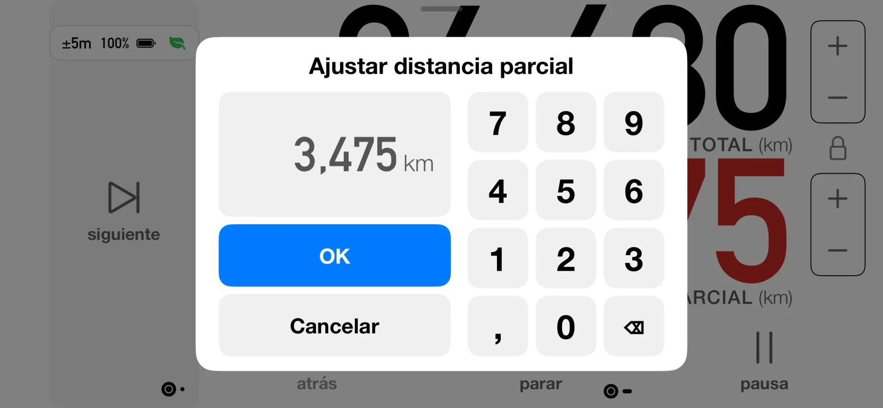 3pMaster en iPhone ajustando la distancia parcial con un cuadro de diálogo de teclado numérico