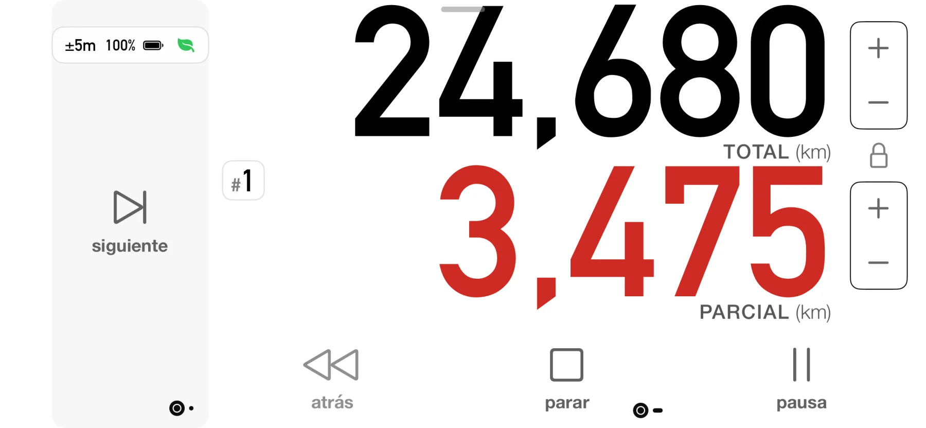 Panel de conducción de 3pMaster en iPhone con distancia total y parcial en grande y controles de siguiente, marcha atrás, parada y pausa