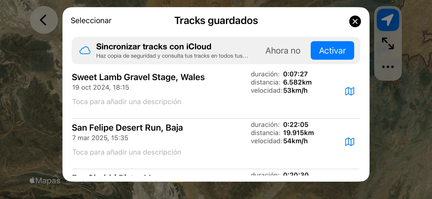 Lista de rutas guardadas de 3pMaster en iPhone con sincronización de iCloud y nombres de ruta automáticos