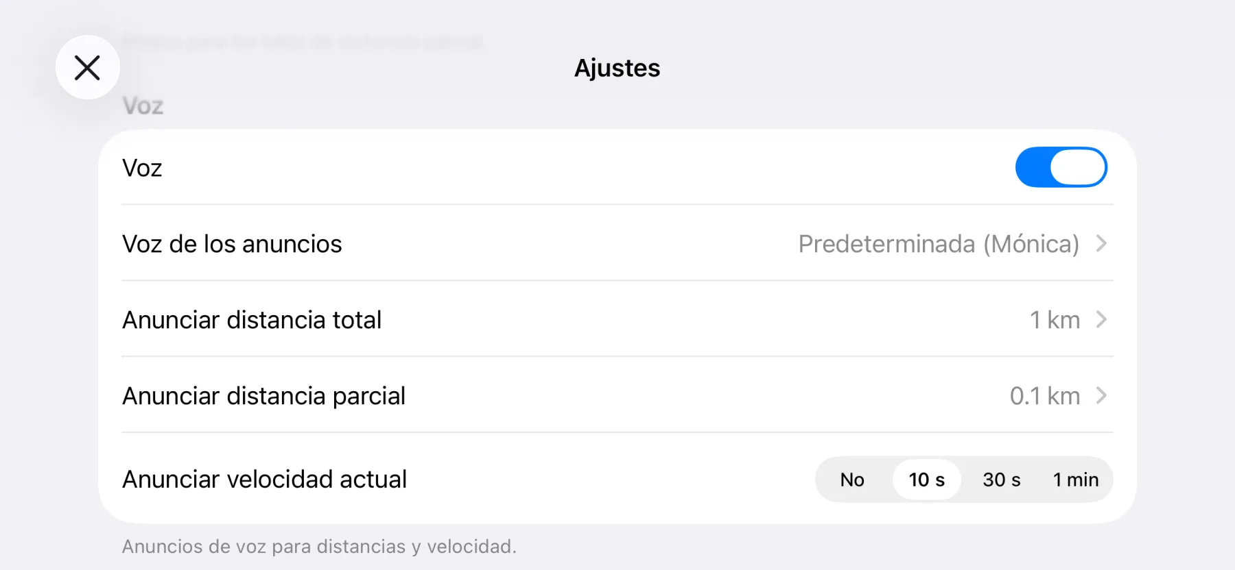 Ajustes de avisos de voz de 3pMaster en iPhone: voz de aviso, distancia total y parcial y velocidad actual