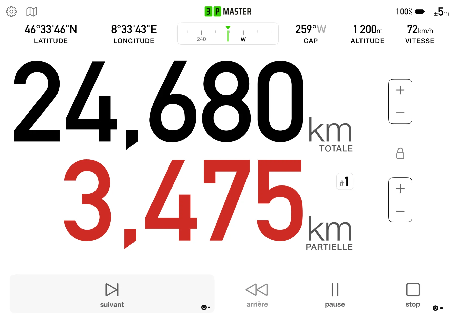 Tableau de bord de conduite 3pMaster Pro sur iPad affichant la distance totale et partielle, la vitesse, l'altitude et le cap