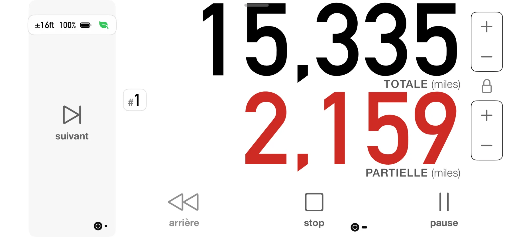 Tableau de bord 3pMaster sur iPhone affichant la distance totale et partielle en milles