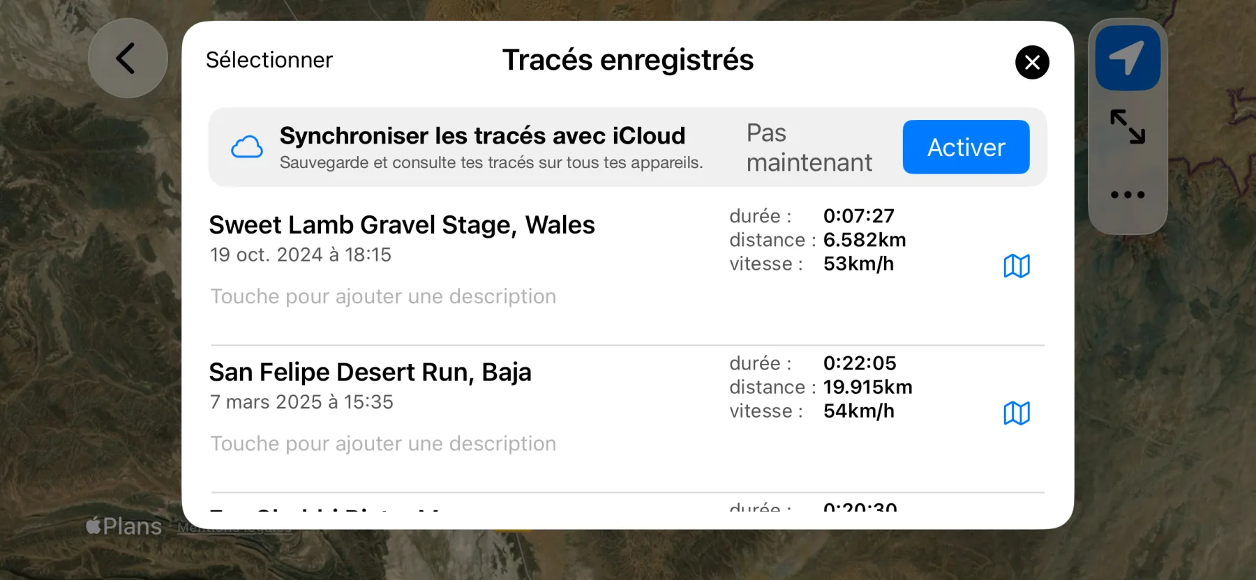 Liste des traces enregistrées 3pMaster sur iPhone avec synchronisation iCloud et noms de trace automatiques