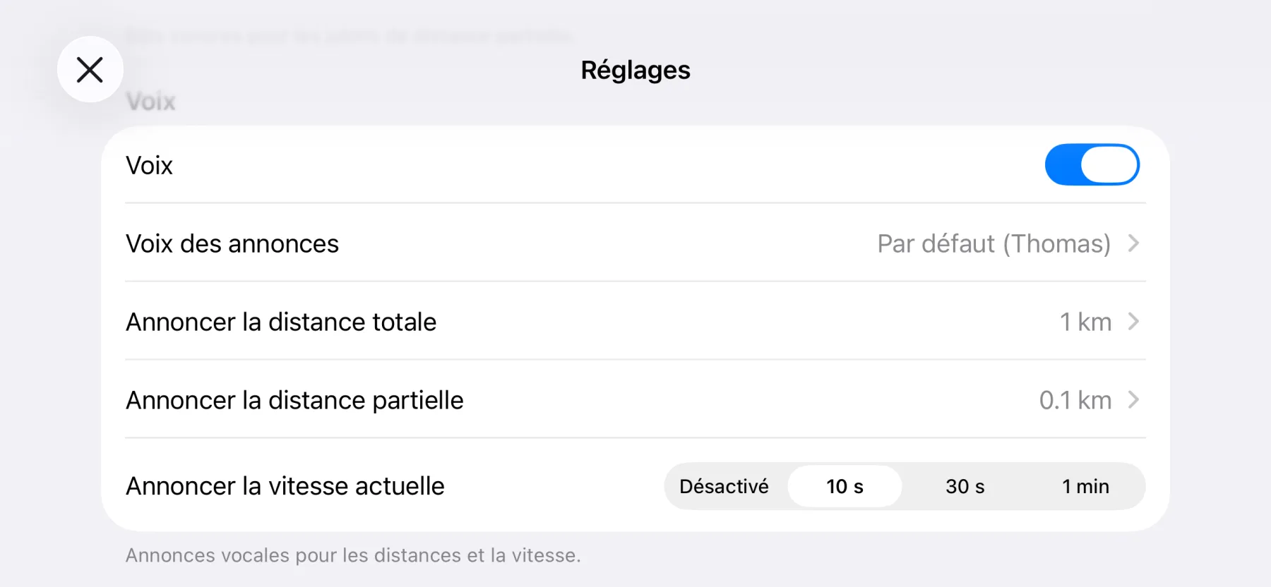 Paramètres des annonces vocales 3pMaster sur iPhone : voix de l'annonce, distance totale et partielle et vitesse actuelle