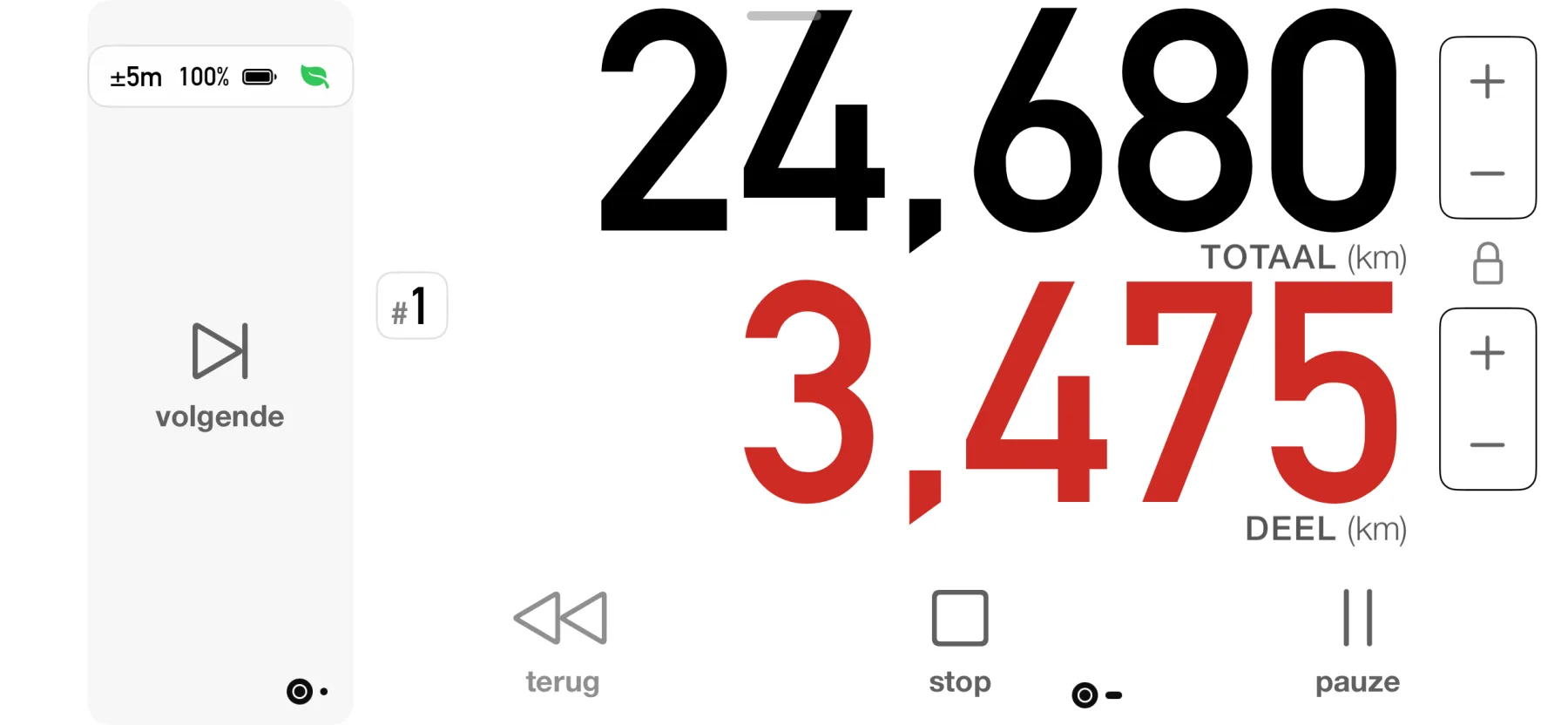 3pMaster ritten-dashboard op iPhone met grote totale en gedeeltelijke afstand en knoppen voor volgende, achteruit, stop en pauze
