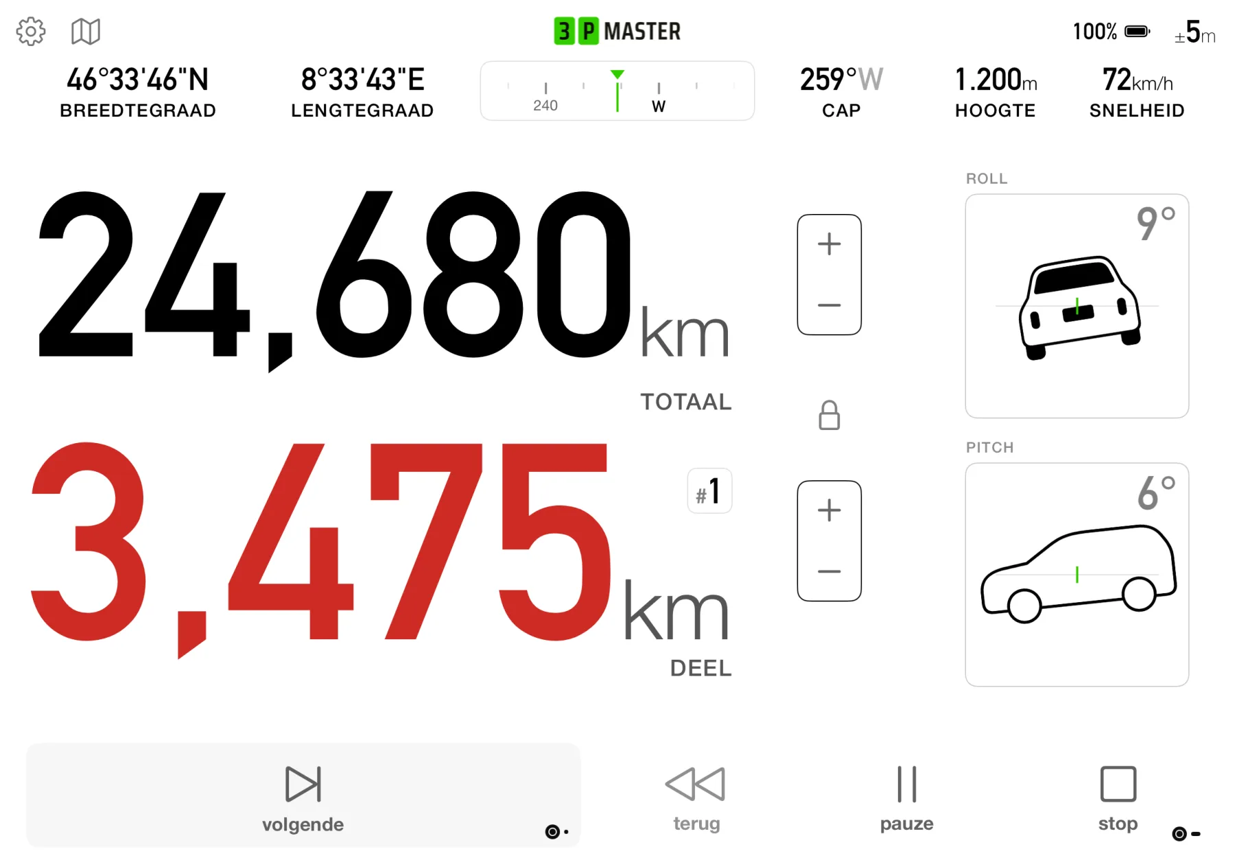3pMaster Pro dashboard op iPad in liggende stand met roll- en pitch-indicatoren