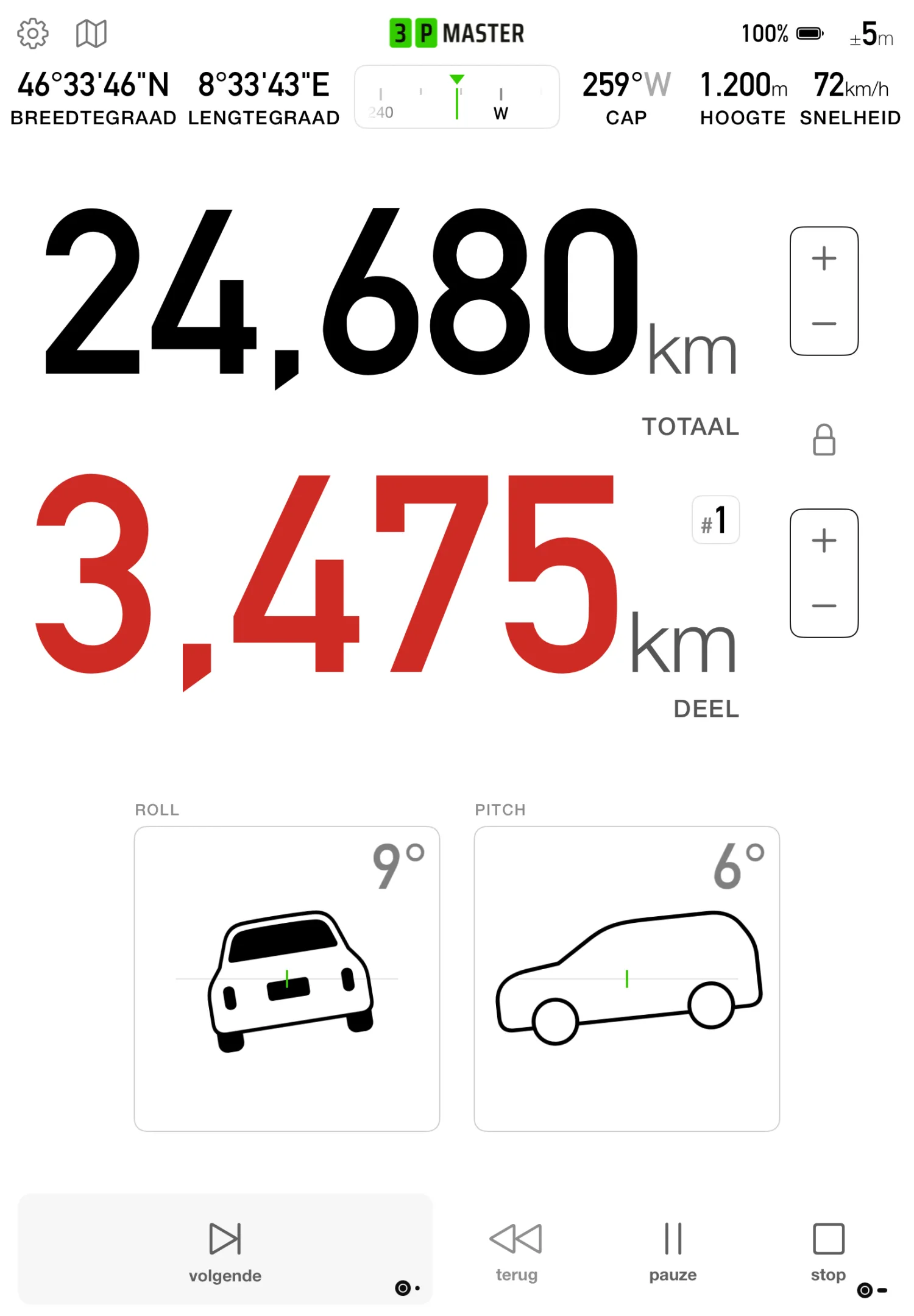 3pMaster Pro dashboard op iPad in staande stand met afstand- en roll- en pitch-indicatoren
