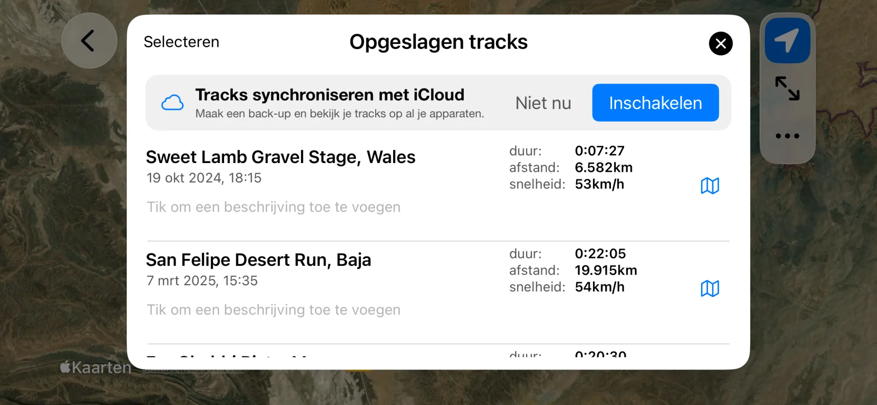 Lijst met opgeslagen tracks van 3pMaster op iPhone met iCloud-synchronisatie en automatische tracknamen
