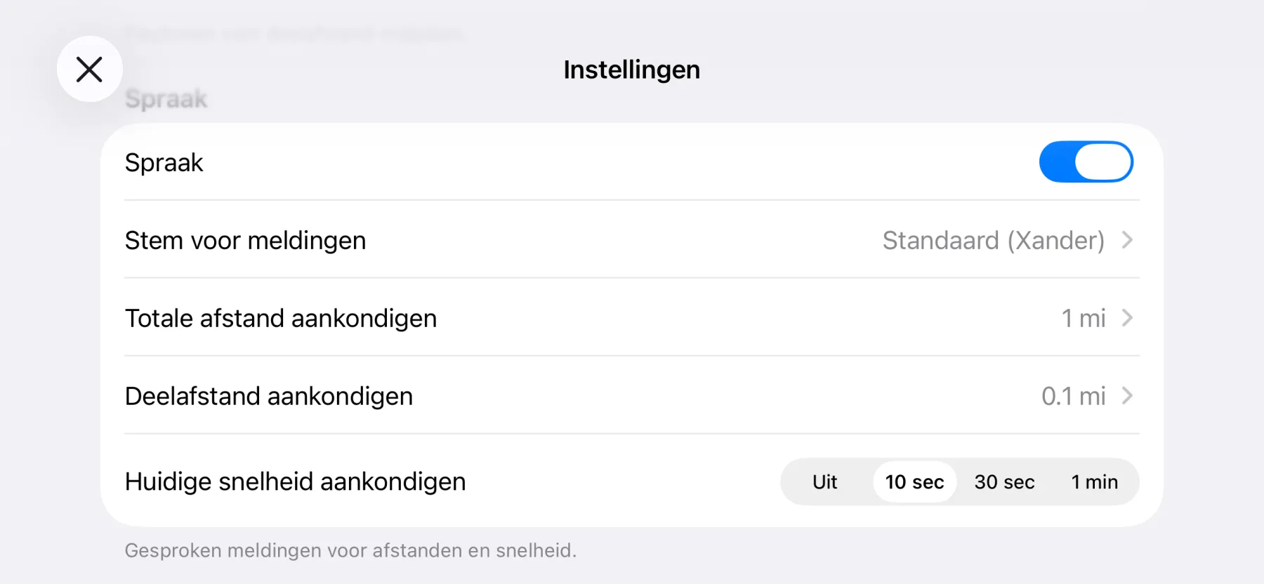 Instellingen voor gesproken meldingen van 3pMaster op iPhone: stem voor meldingen, totale en gedeeltelijke afstand en huidige snelheid